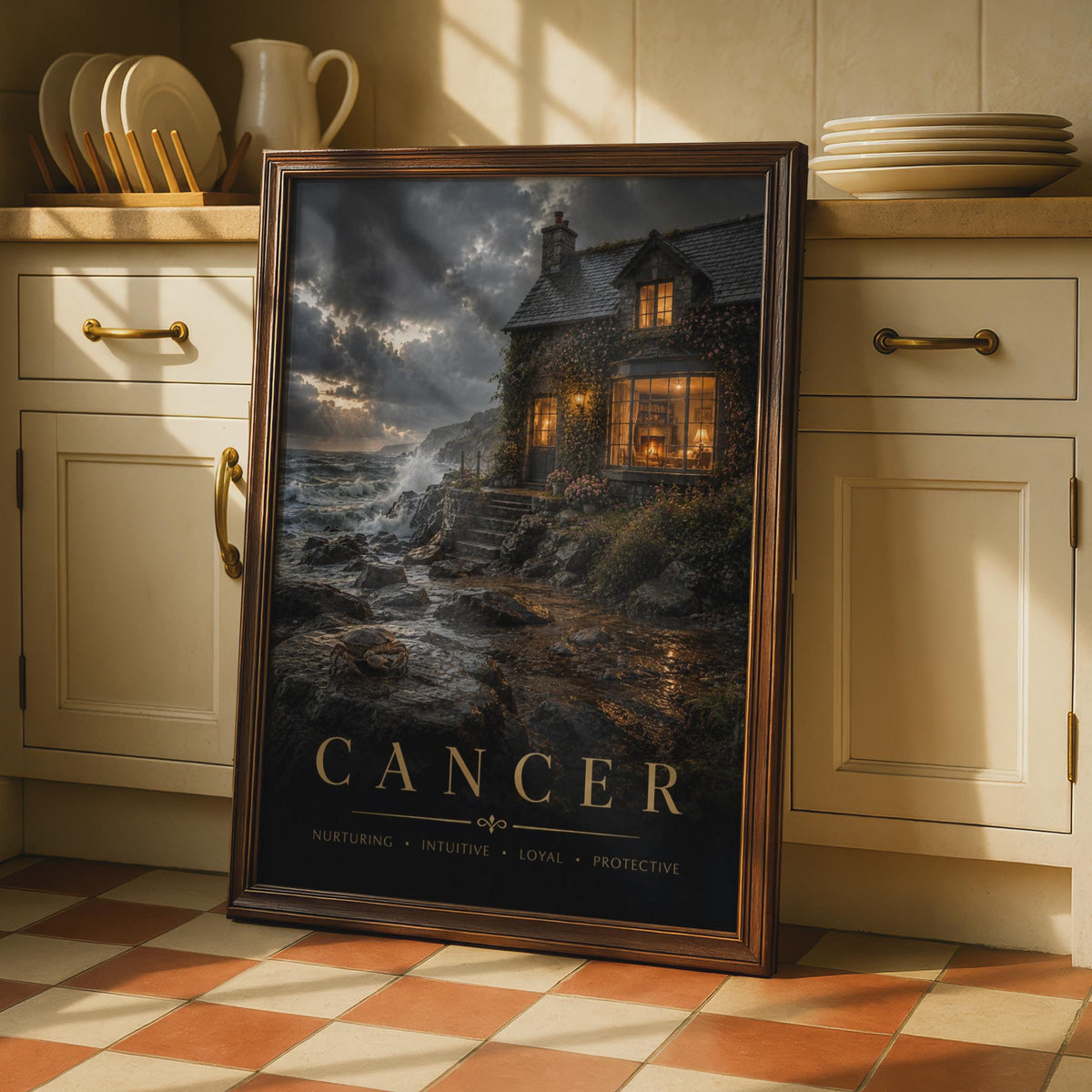 Cancer Zodiac Poster, Moody Coastal Cottage, Astrology Wall Art (Print)