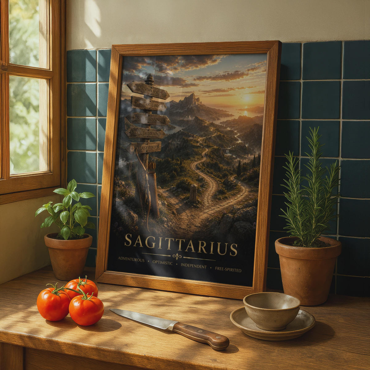 Sagittarius Zodiac Poster, Archer Bow, Golden Sunset Landscape Print