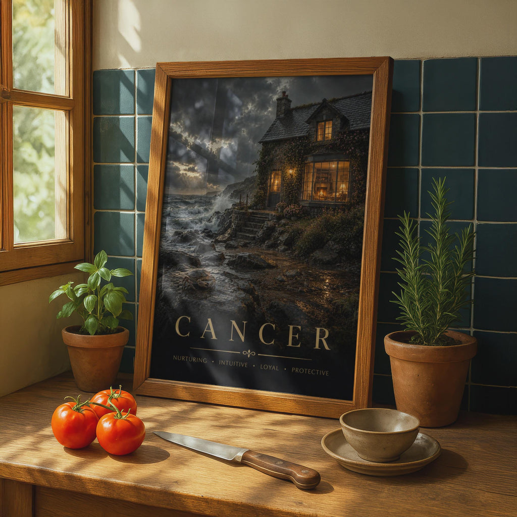 Cancer Zodiac Poster, Moody Coastal Cottage, Astrology Wall Art (Print)