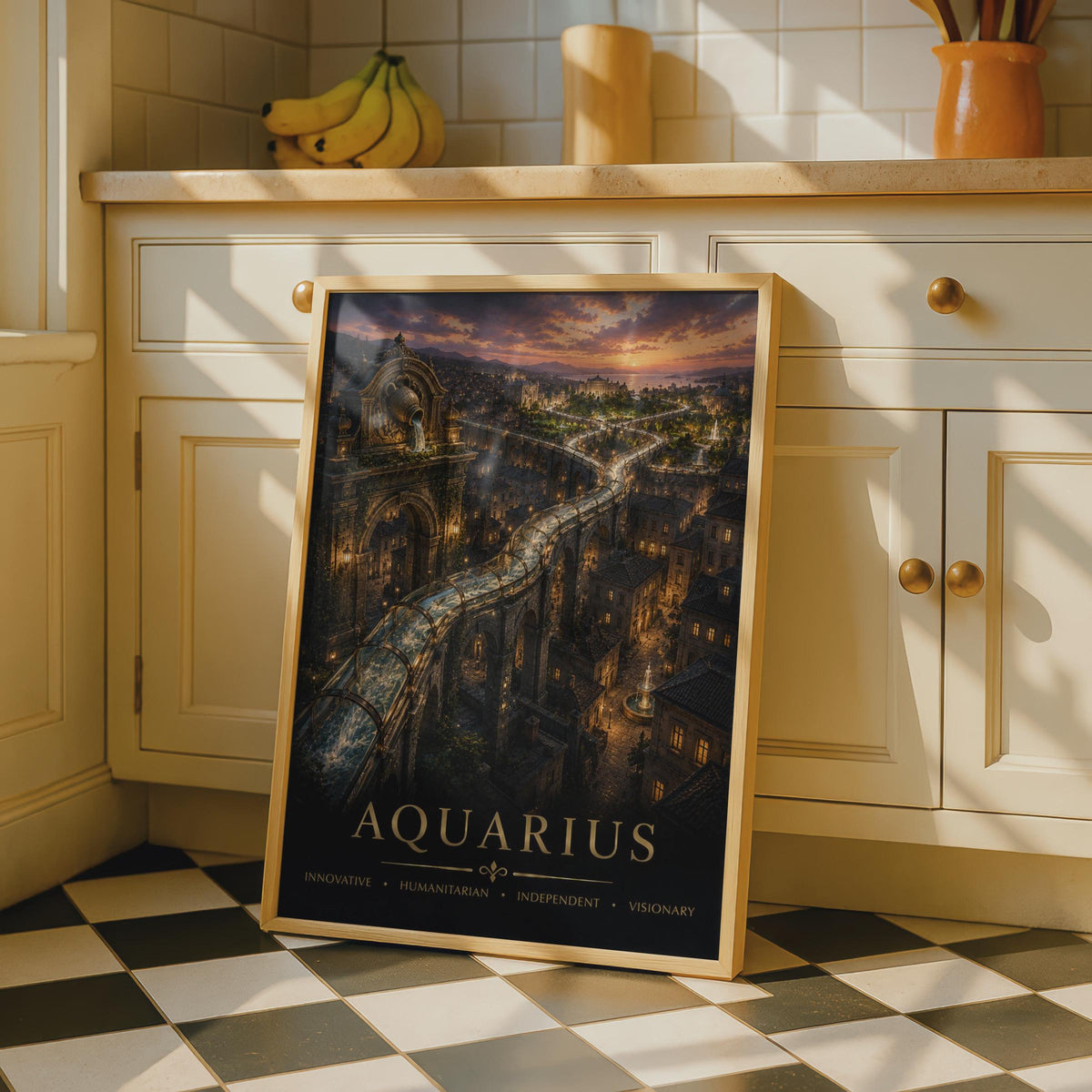Aquarius Fantasy Cityscape Poster, Golden Sunset, Astrology Wall Art (Print)