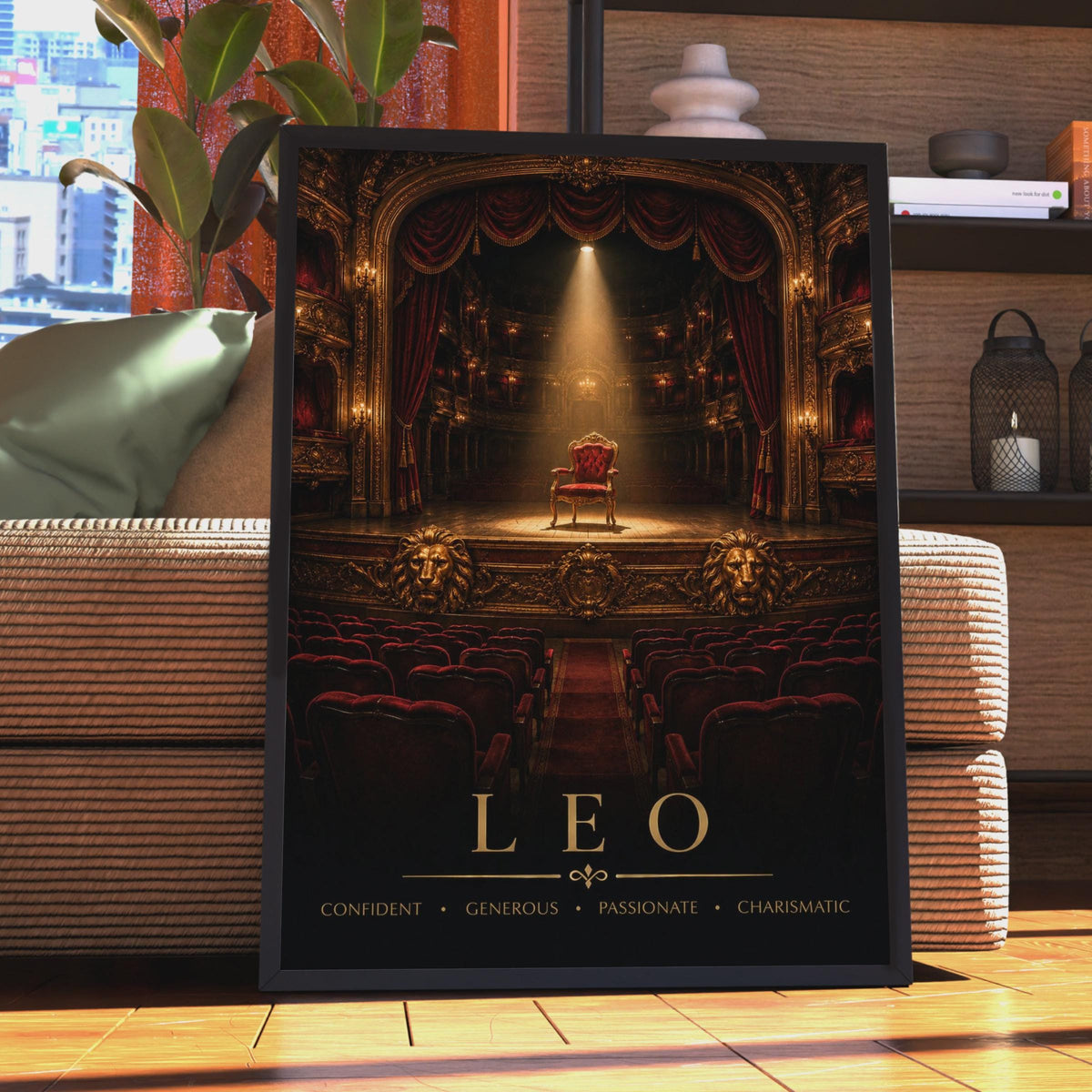 Leo Zodiac Poster, Red Velvet Throne, Gold Lion, Dramatic Theatre Decor