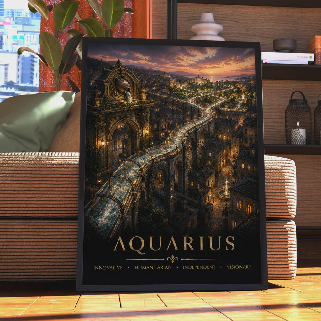 Aquarius Fantasy Cityscape Poster, Golden Sunset, Astrology Wall Art (Print)