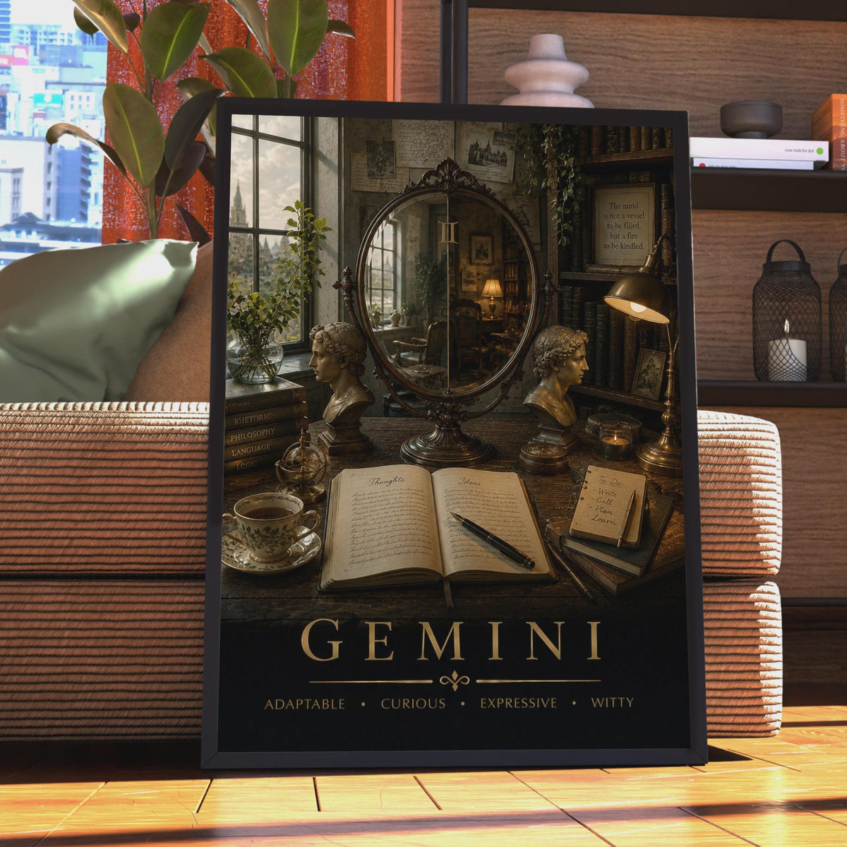 Gemini Zodiac Poster, Dark Academia Study Decor, Twin Busts, Gold Typography (Printed Poster)