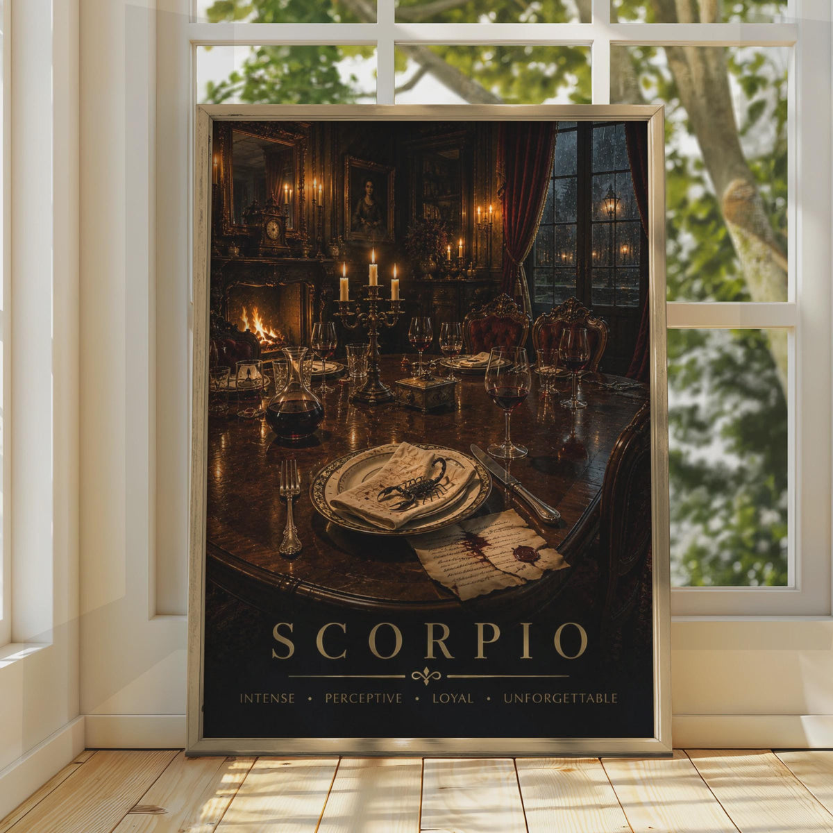 Scorpio Zodiac Poster, Gothic Candlelit Dining Room, Moody Astrology Art