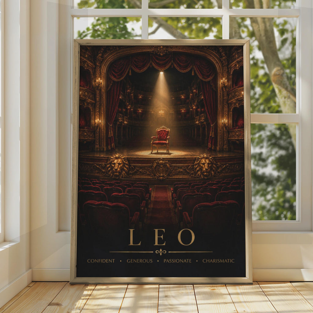 Leo Zodiac Poster, Red Velvet Throne, Gold Lion, Dramatic Theatre Decor