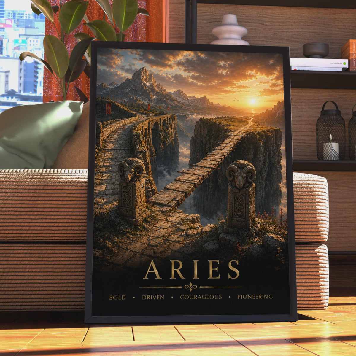 Aries Zodiac Poster, Fantasy Landscape, Golden Sunset, Bold Courageous Gift (Print)