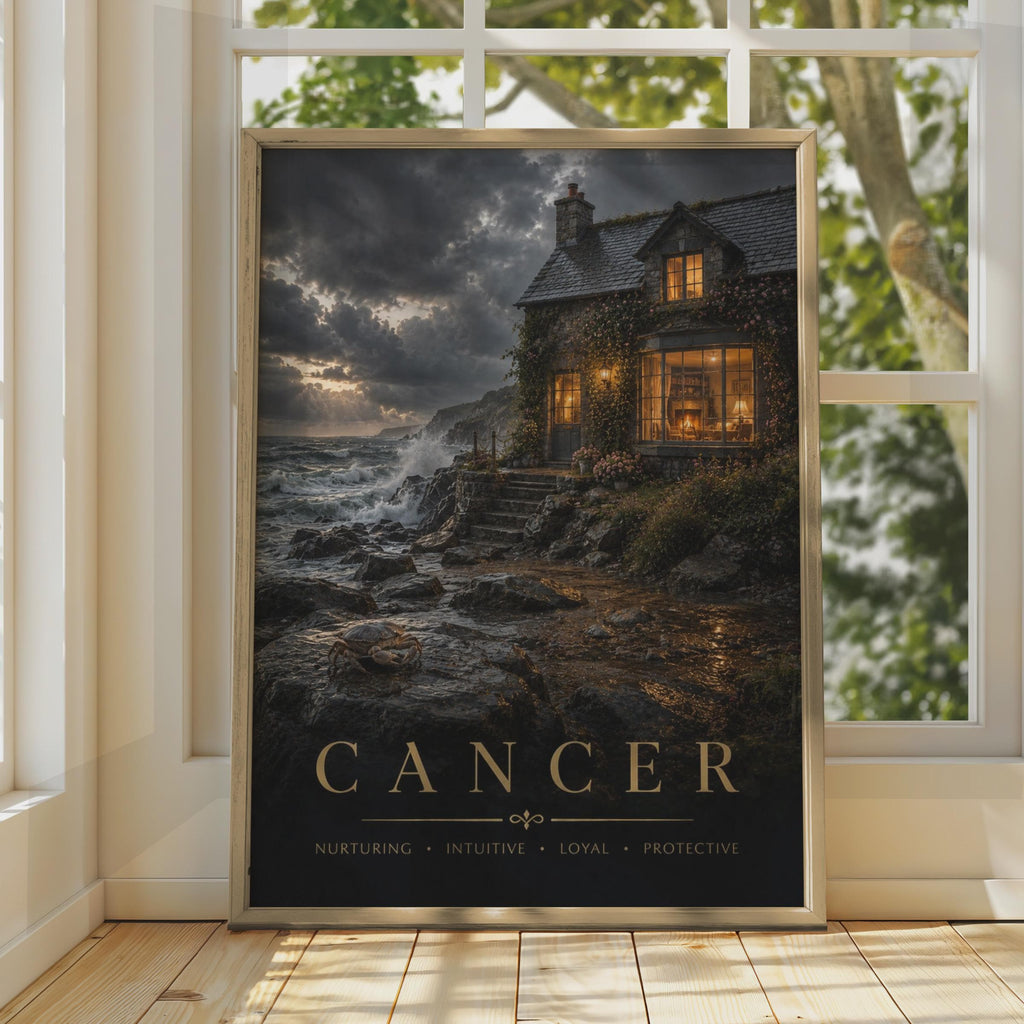 Cancer Zodiac Poster, Moody Coastal Cottage, Astrology Wall Art (Print)