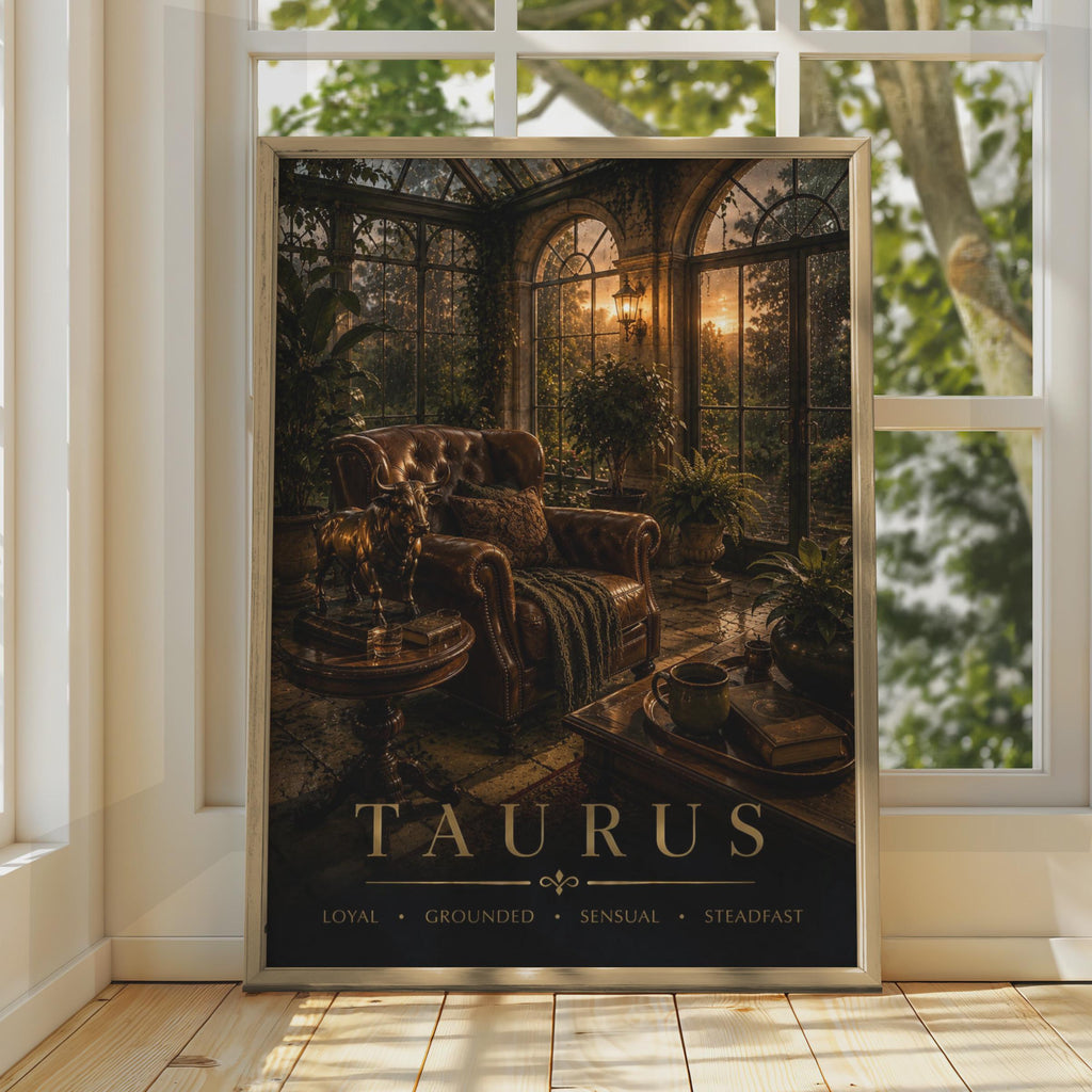 Taurus Zodiac Poster, Dark Moody Astrology Print, Victorian Greenhouse Scene (Wall Art)