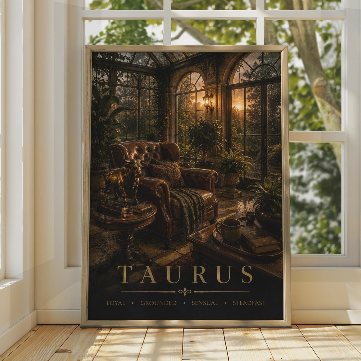 Taurus Zodiac Poster, Dark Moody Astrology Print, Victorian Greenhouse Scene (Wall Art)