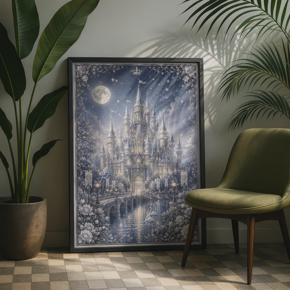 Enchanted Castle Poster, Fairy Tale Night Sky Wall Art, Princess Room Decor