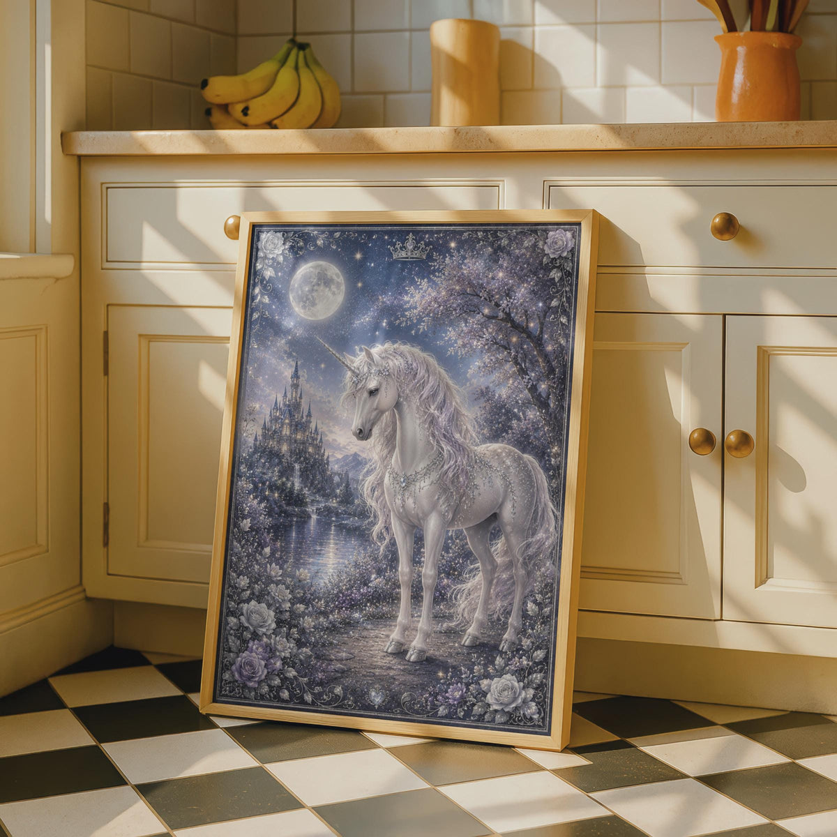 Magical Unicorn Poster, Fantasy Castle Moonlit Night, Mystical Girls Room Wall Art Print