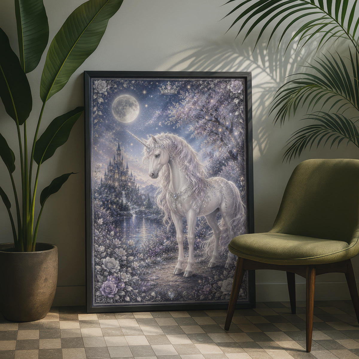 Magical Unicorn Poster, Fantasy Castle Moonlit Night, Mystical Girls Room Wall Art Print