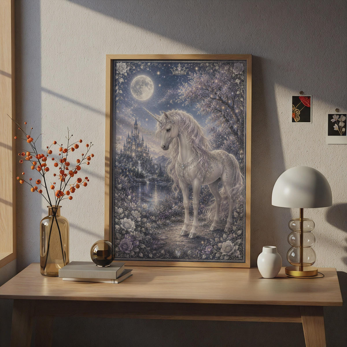 Magical Unicorn Poster, Fantasy Castle Moonlit Night, Mystical Girls Room Wall Art Print