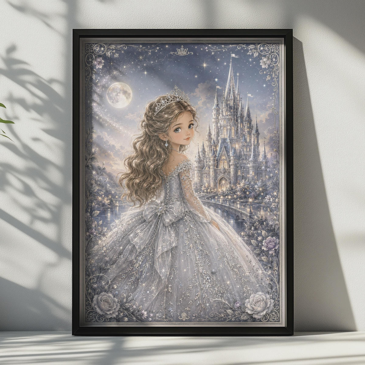 Fairy Tale Princess Castle Poster, Magical Moonlit Girl Wall Art, Fantasy Bedroom Decor