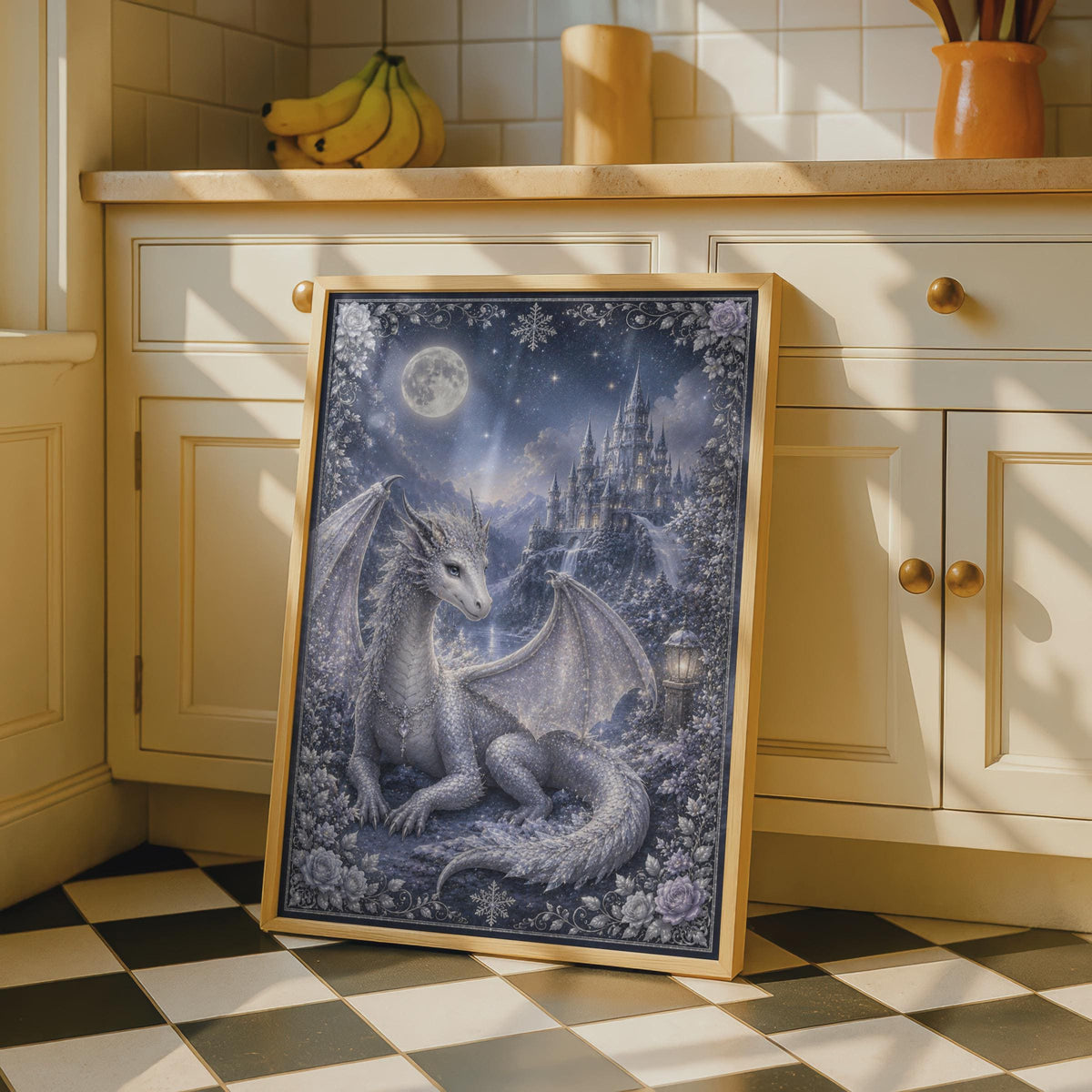 White Dragon Fantasy Poster, Moonlit Ice Castle Wall Art, Mystical Night Sky Print