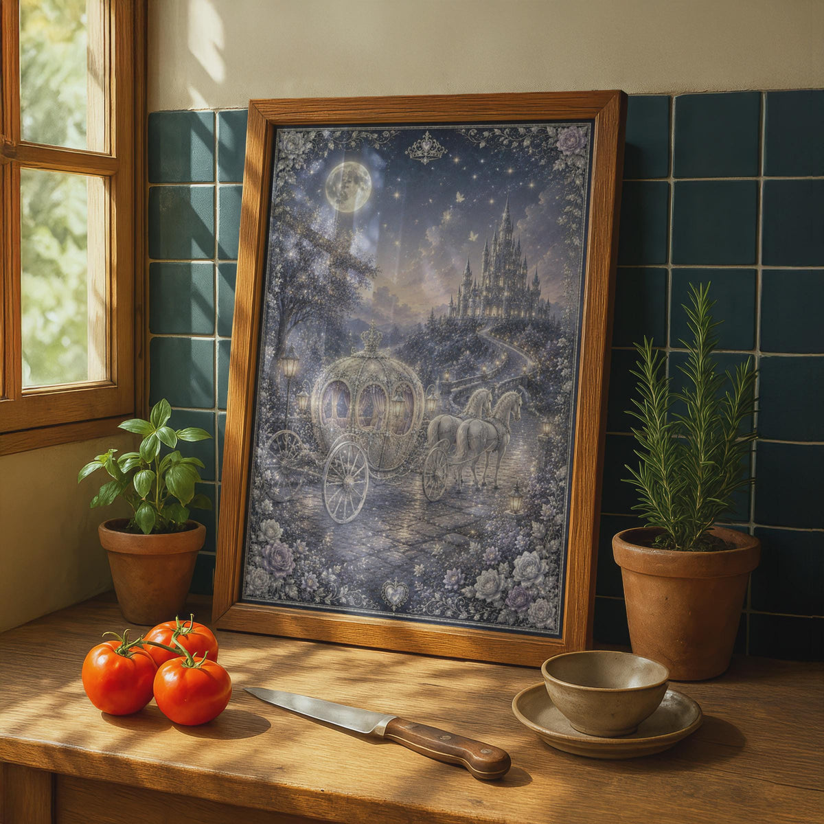 Enchanted Pumpkin Carriage Fairy Tale Poster, Enchanted Castle Night Sky Princess Wall Art