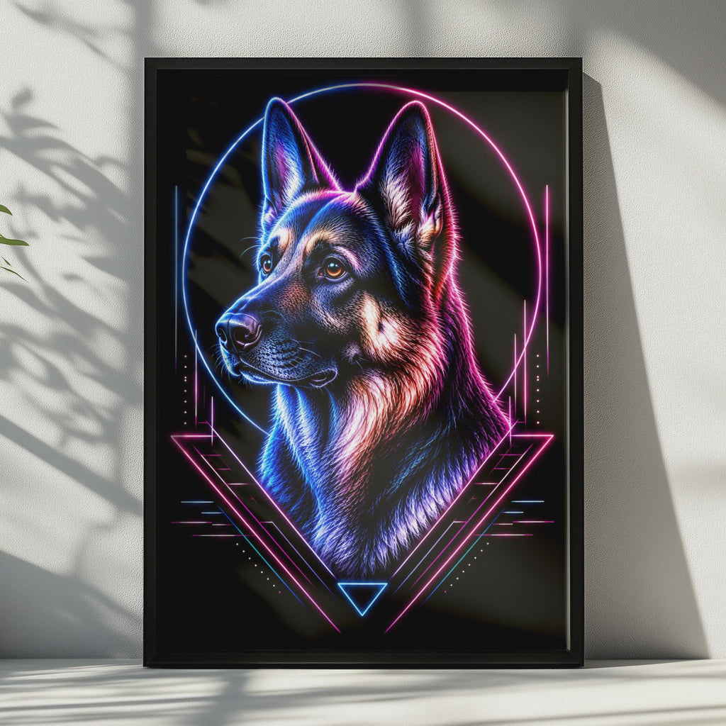 German Shepherd Neon Poster, Cyberpunk Dog Wall Art, Blue Pink GSD Portrait Print
