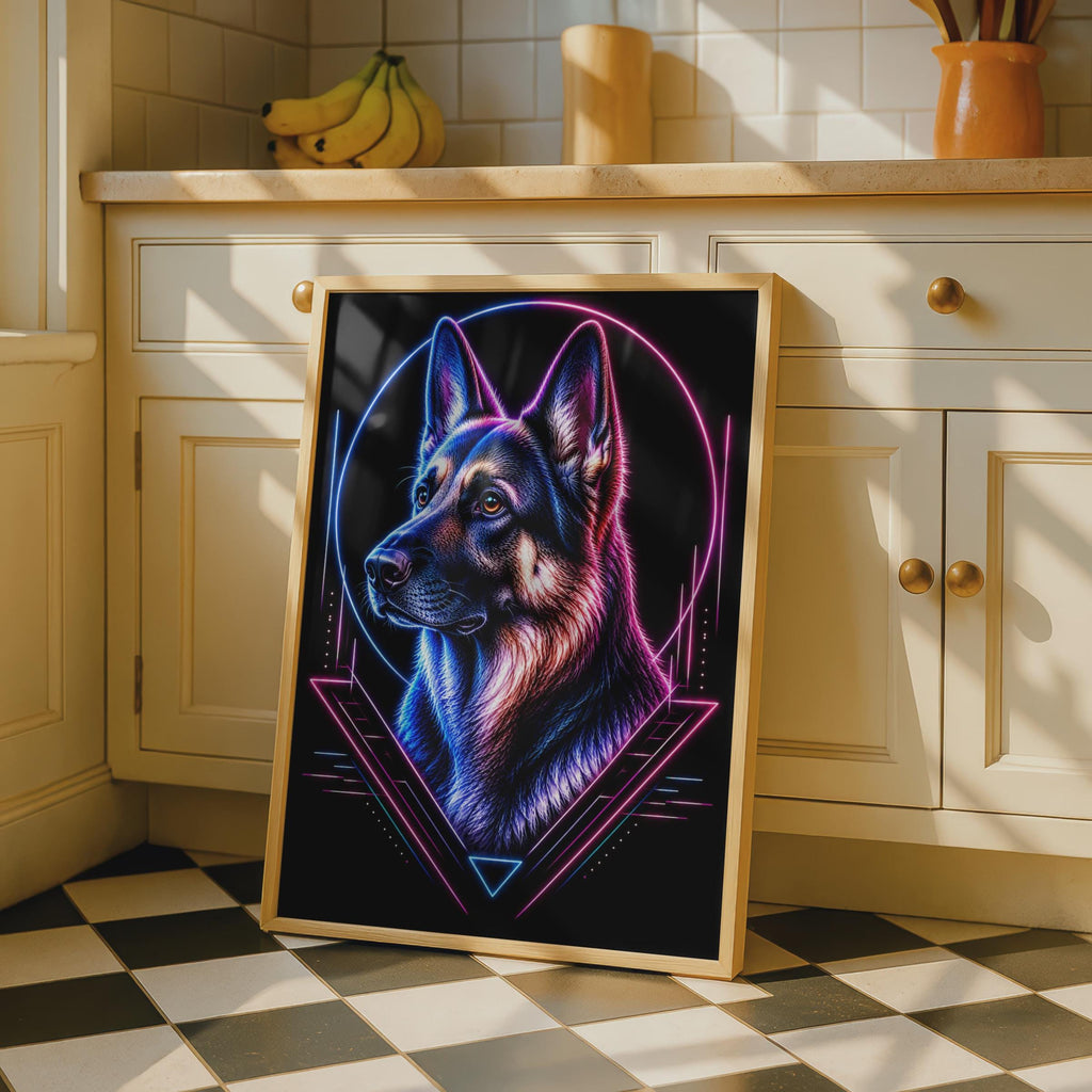 German Shepherd Neon Poster, Cyberpunk Dog Wall Art, Blue Pink GSD Portrait Print
