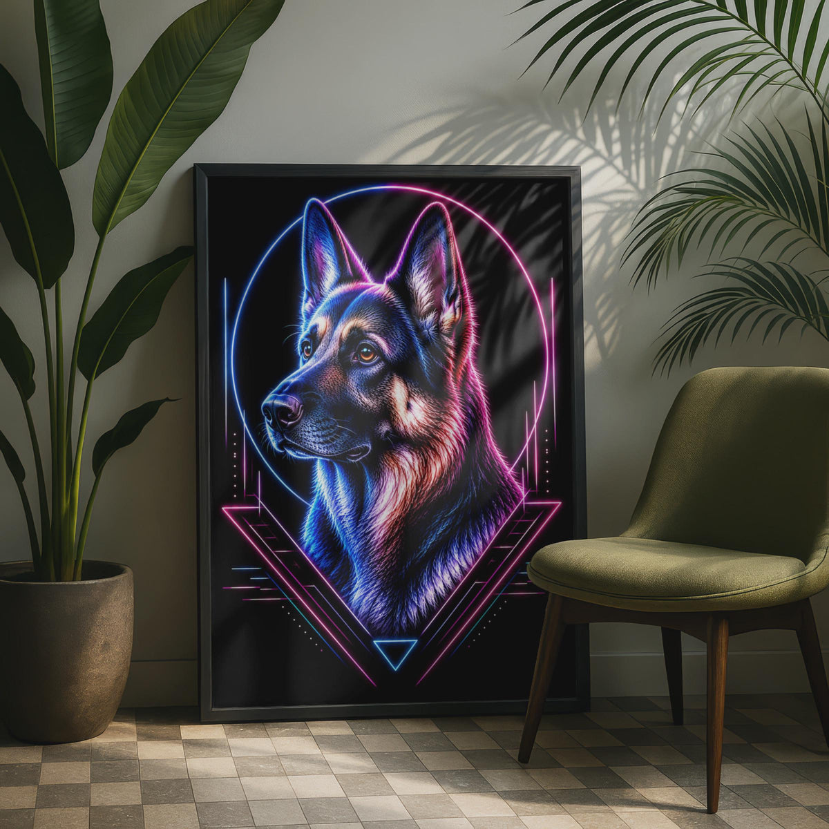 German Shepherd Neon Poster, Cyberpunk Dog Wall Art, Blue Pink GSD Portrait Print