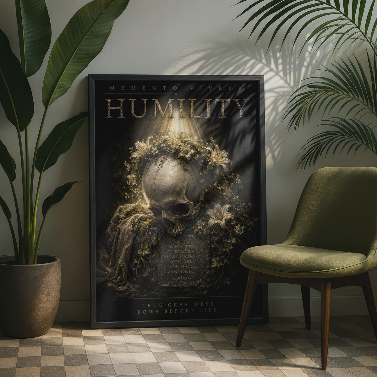 Humility Skull Floral Poster, Dark Gothic Motivational Wall Art, Memento Vivere Print