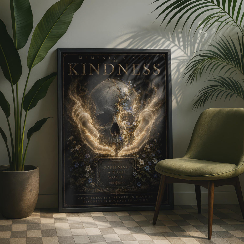 Kindness Skull Floral Dark Gothic Poster, Memento Vivere Motivational Wall Art Print