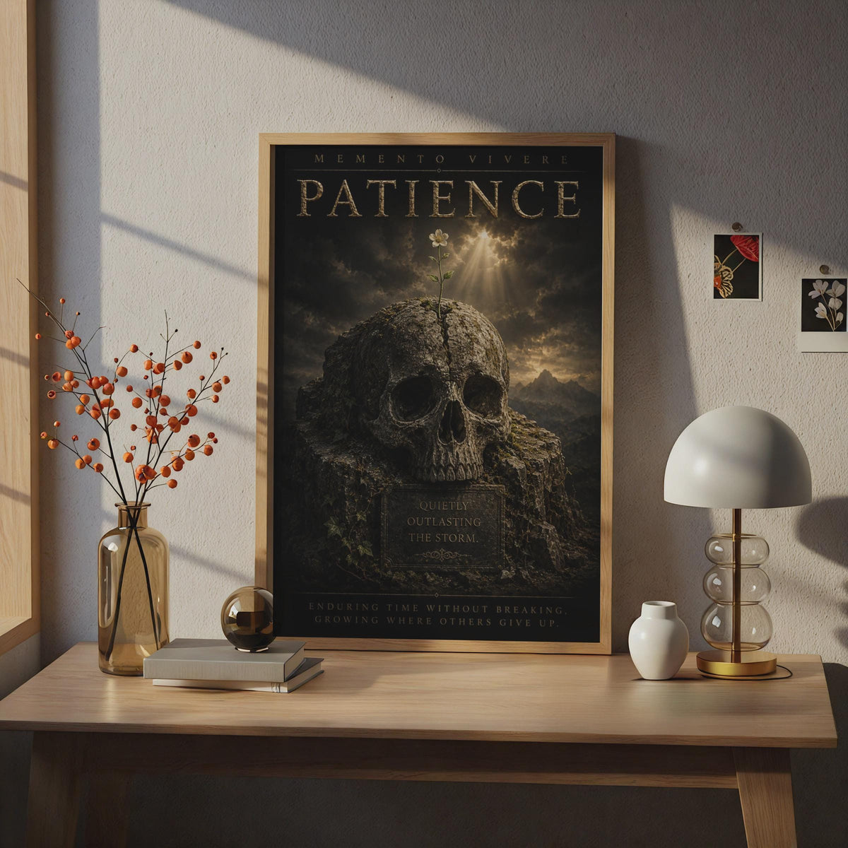 Patience Skull Flower Dark Motivational Poster, Memento Vivere Gothic Wall Art