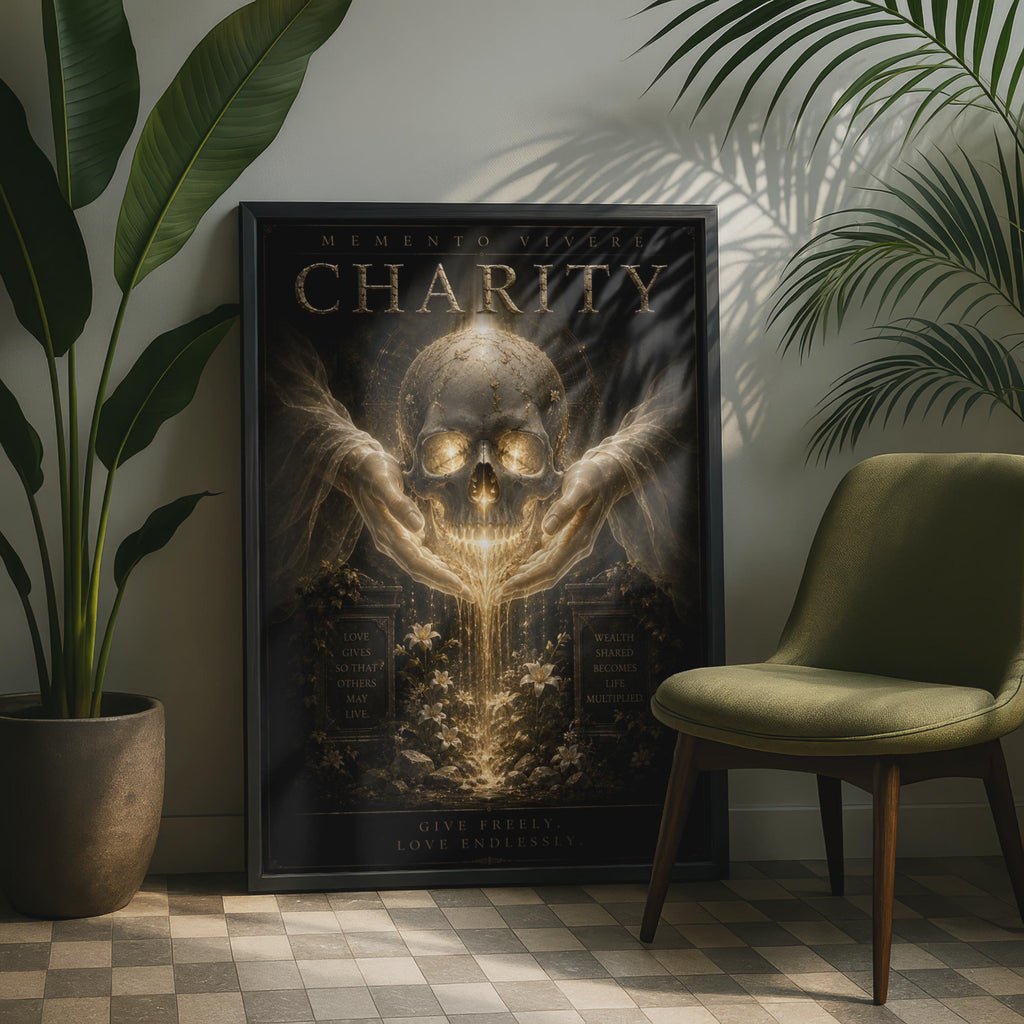 Charity Memento Vivere Skull Poster, Dark Gothic Gold Wall Art, Motivational Quote Print