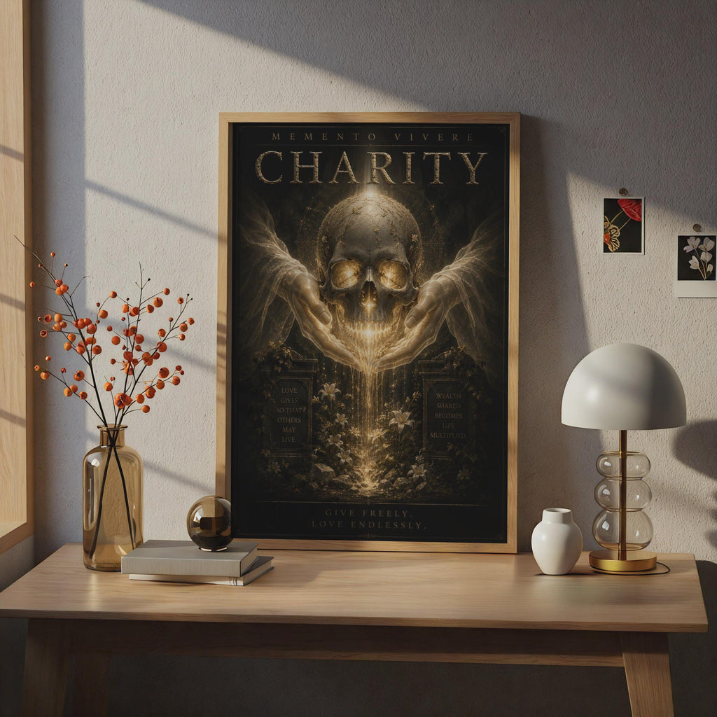 Charity Memento Vivere Skull Poster, Dark Gothic Gold Wall Art, Motivational Quote Print