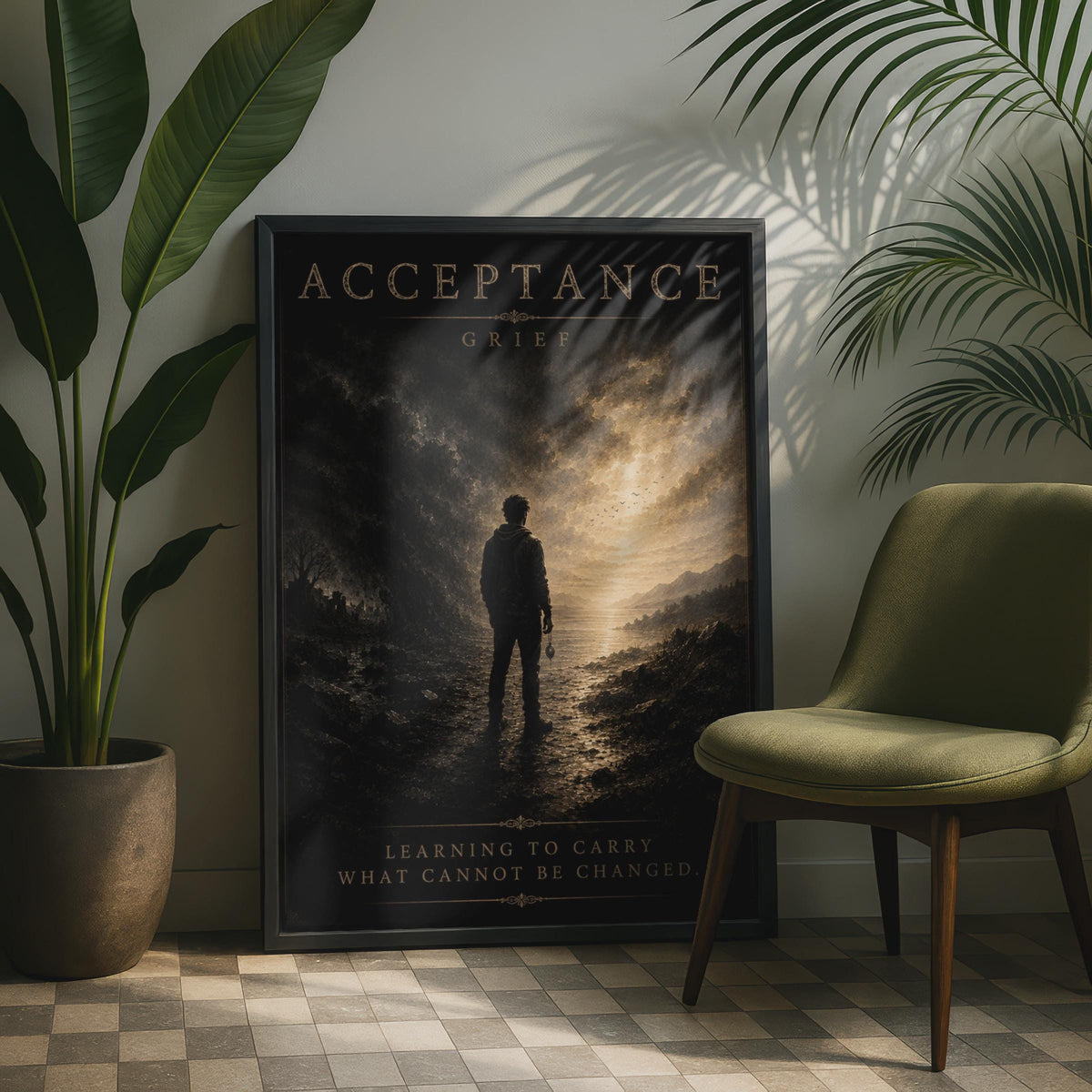 Acceptance Grief Poster, Emotional Dark Art, Moody Silhouette Wall Art, Mental Health Quote Print