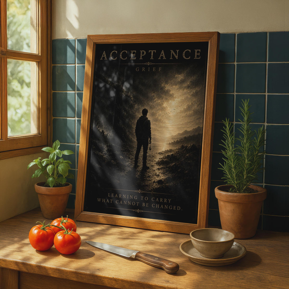 Acceptance Grief Poster, Emotional Dark Art, Moody Silhouette Wall Art, Mental Health Quote Print