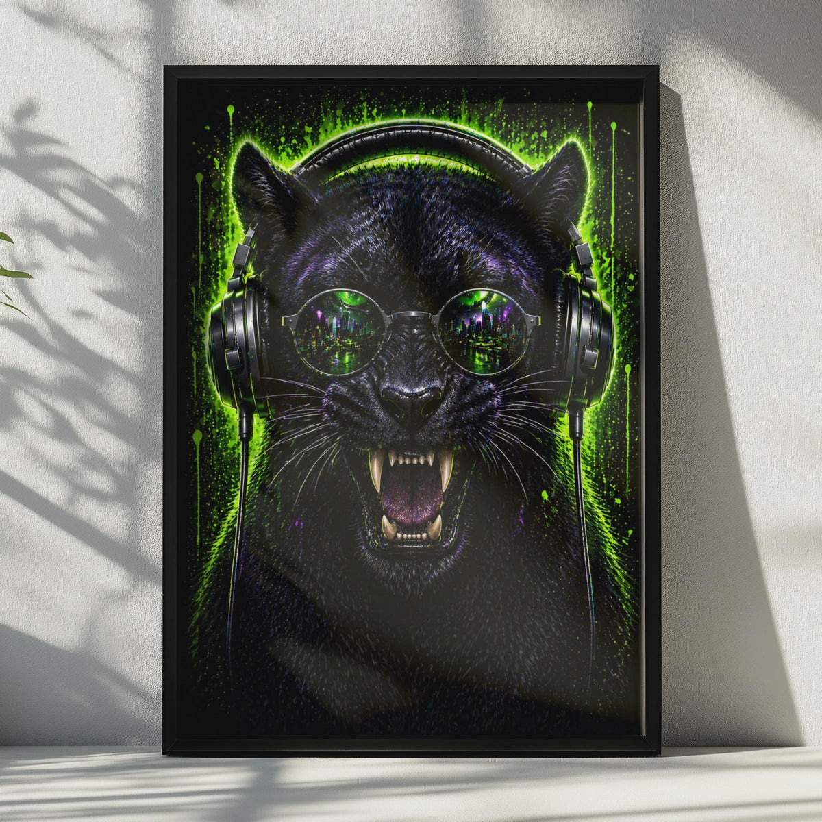 Black Panther Neon Headphones Cyberpunk Cityscape Poster