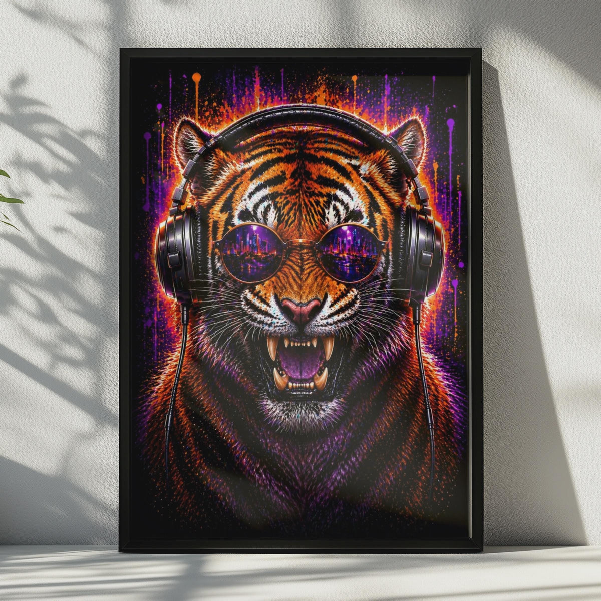 Tiger DJ Headphones Poster, Neon City Sunglasses, Orange Purple Paint Splash Wall Art