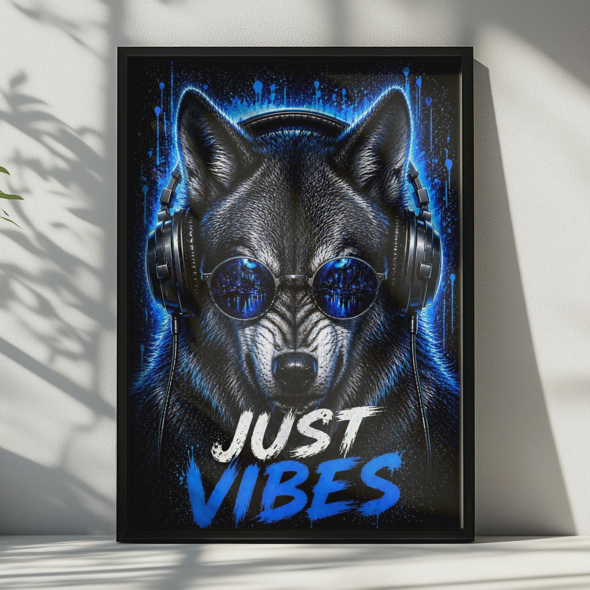 Neon Blue Wolf Headphones Poster, DJ Music Wall Art Print