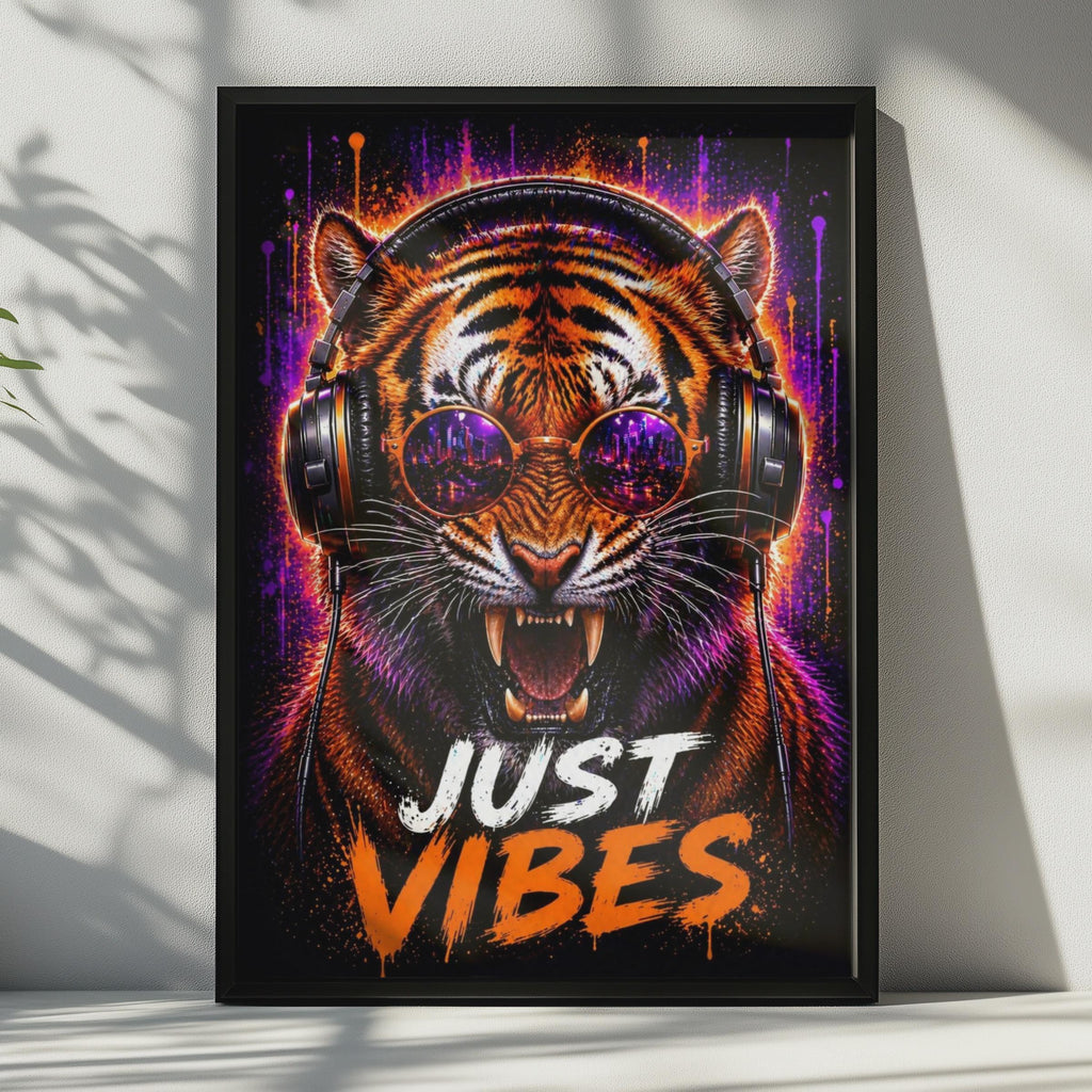 Tiger Headphones Neon Music Poster, Urban Animal Wall Art Print