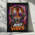 Tiger Headphones Neon Music Poster, Urban Animal Wall Art Print