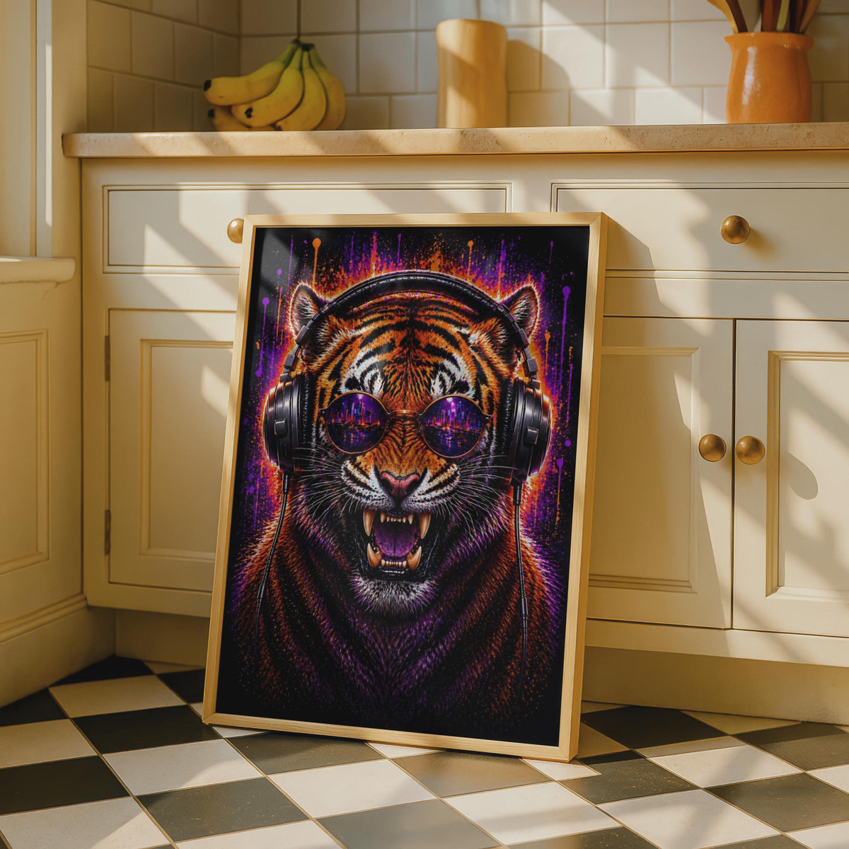Tiger DJ Headphones Poster, Neon City Sunglasses, Orange Purple Paint Splash Wall Art