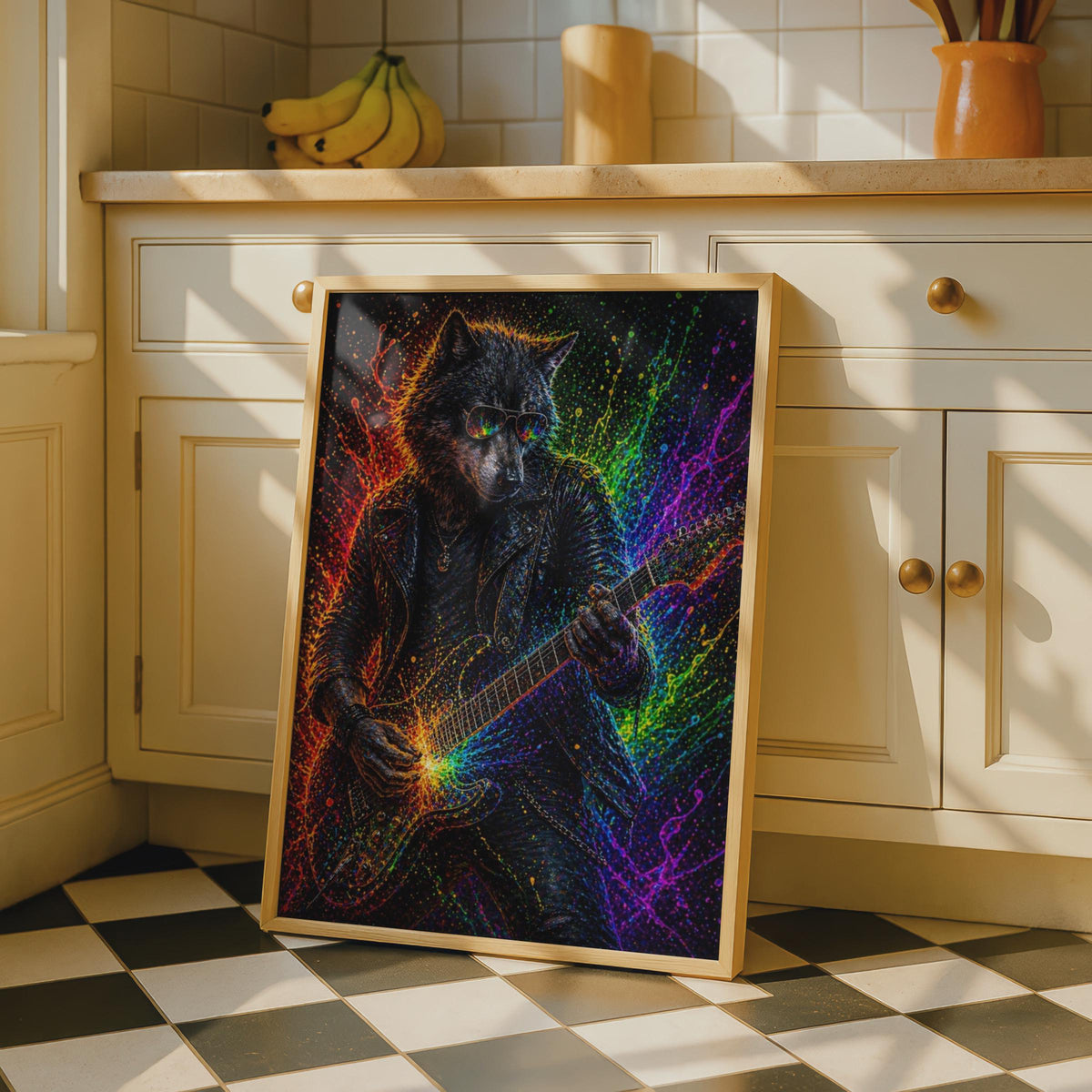 Wolf Guitar Poster, Neon Rock Animal Wall Art, Colourful Music Print for Music Room