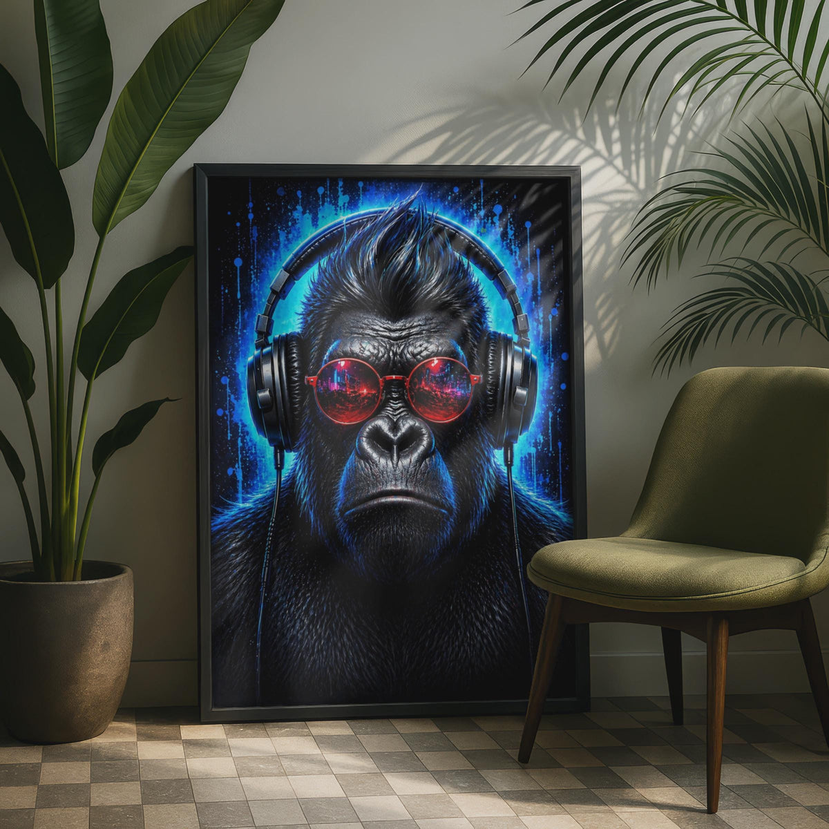 Gorilla DJ Poster, Neon Blue Electric Ape Wall Art, Red Sunglasses Headphones Print