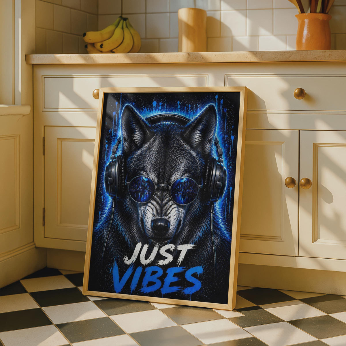 Neon Blue Wolf Headphones Poster, DJ Music Wall Art Print