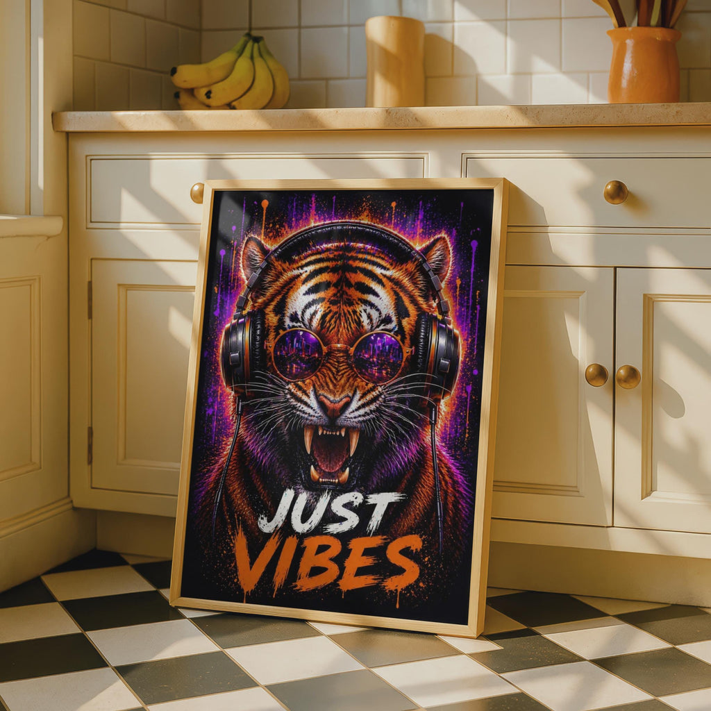 Tiger Headphones Neon Music Poster, Urban Animal Wall Art Print