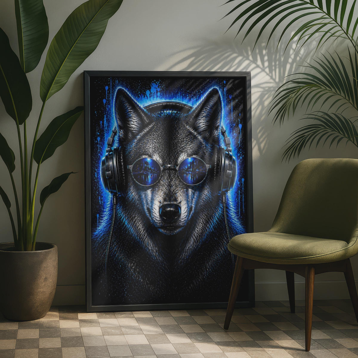 Wolf DJ Headphones Neon Art Print, Dark Gaming Room Wall Decor