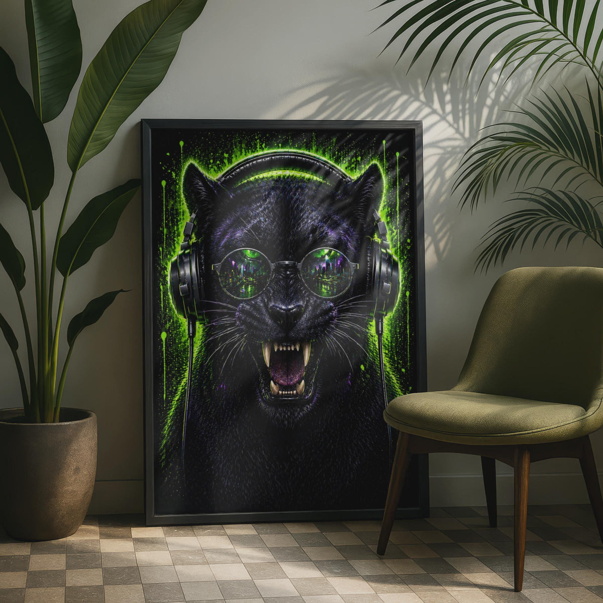 Black Panther Neon Headphones Cyberpunk Cityscape Poster