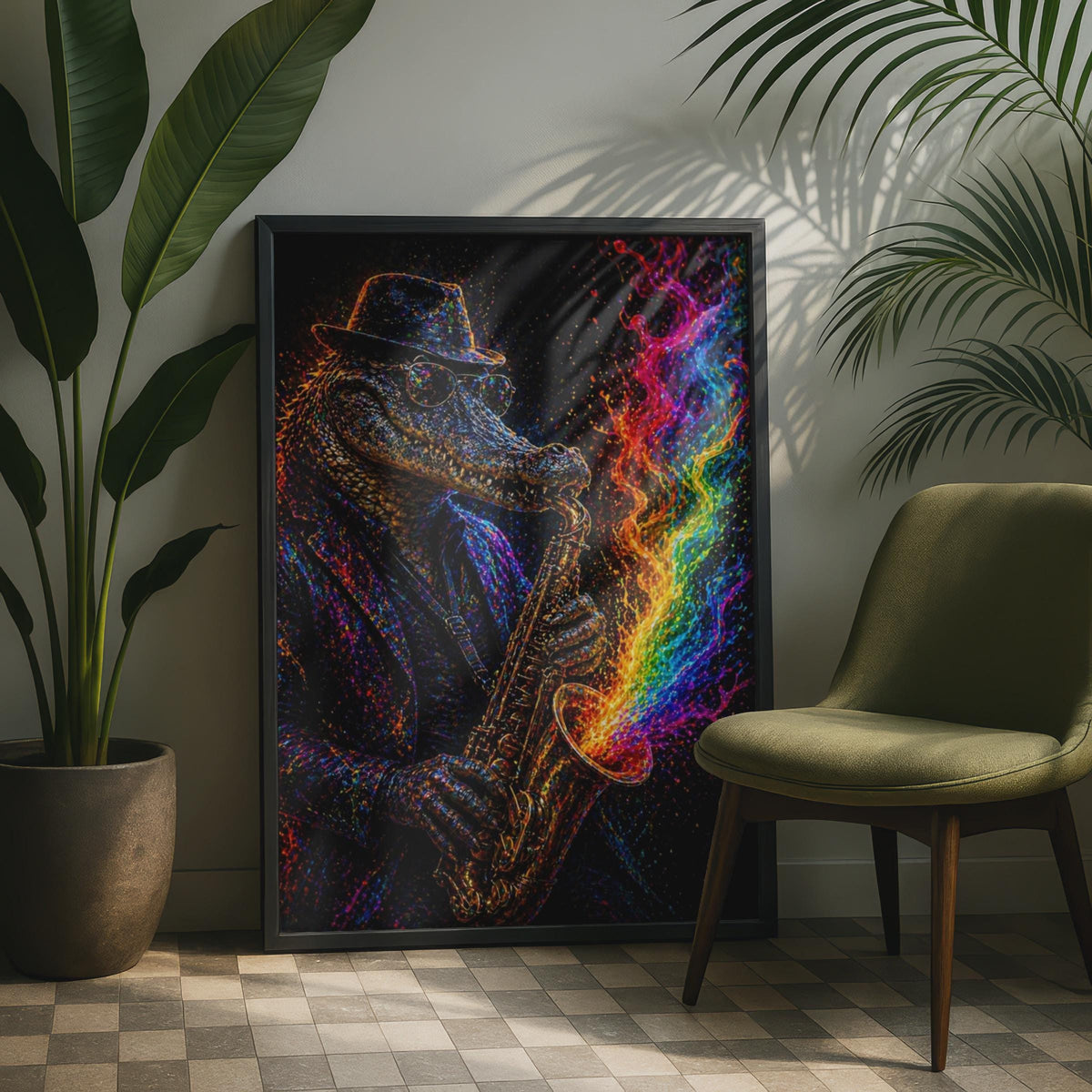Crocodile Saxophonist Poster, Neon Jazz Wall Art, Colourful Music Poster for Home