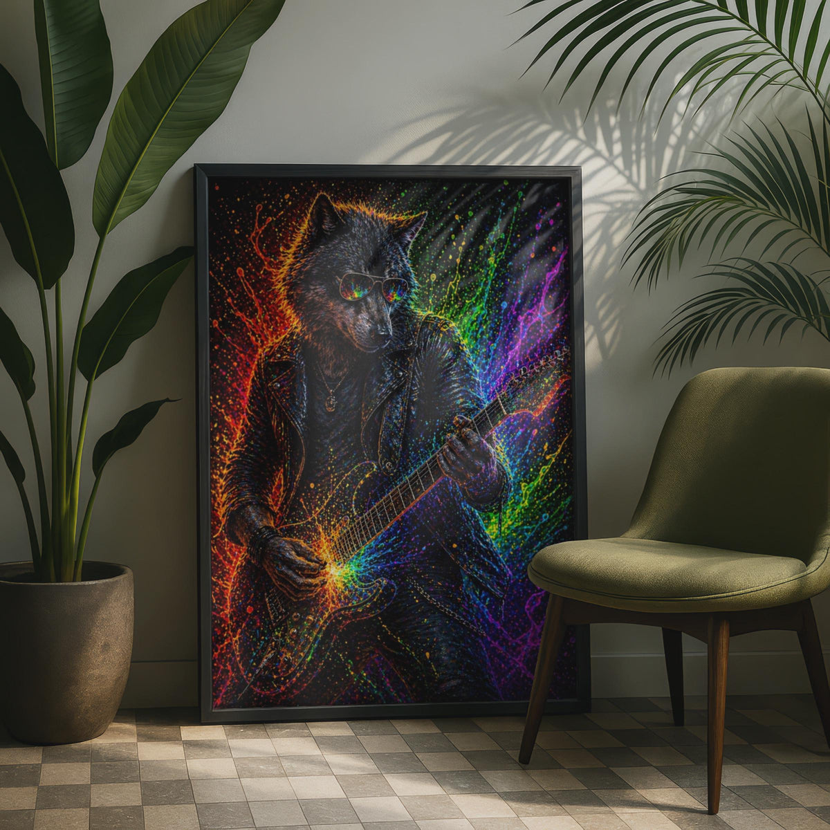 Wolf Guitar Poster, Neon Rock Animal Wall Art, Colourful Music Print for Music Room