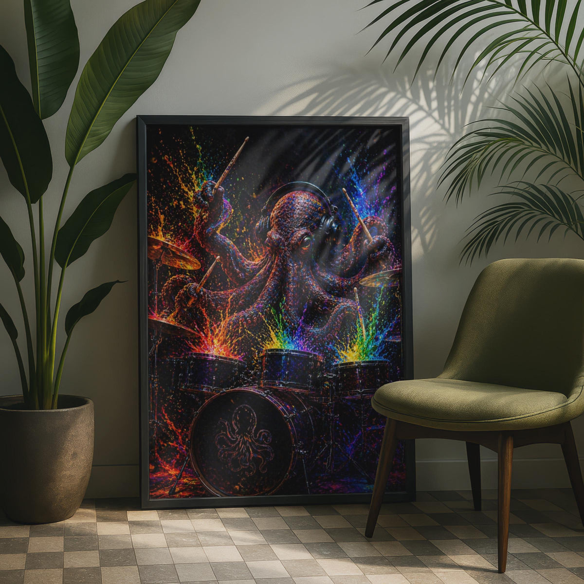 Octopus Drummer Poster, Colourful Music Wall Art, Psychedelic Animal Print for Studio