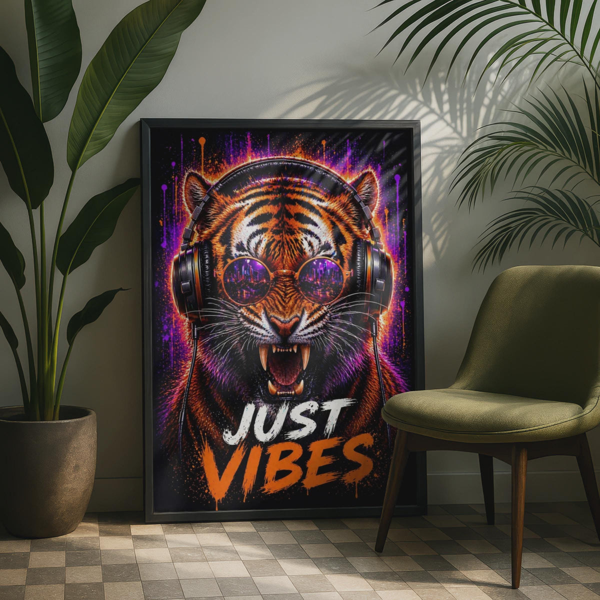 Tiger Headphones Neon Music Poster, Urban Animal Wall Art Print
