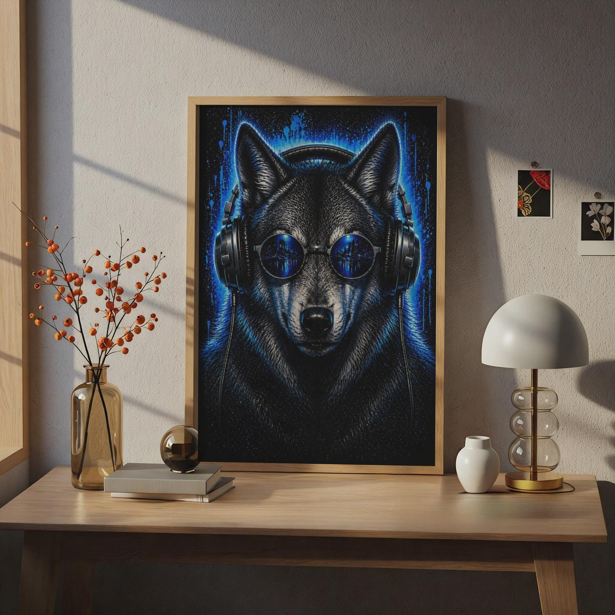 Wolf DJ Headphones Neon Art Print, Dark Gaming Room Wall Decor