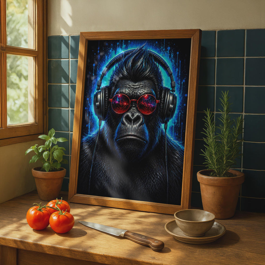 Gorilla DJ Poster, Neon Blue Electric Ape Wall Art, Red Sunglasses Headphones Print