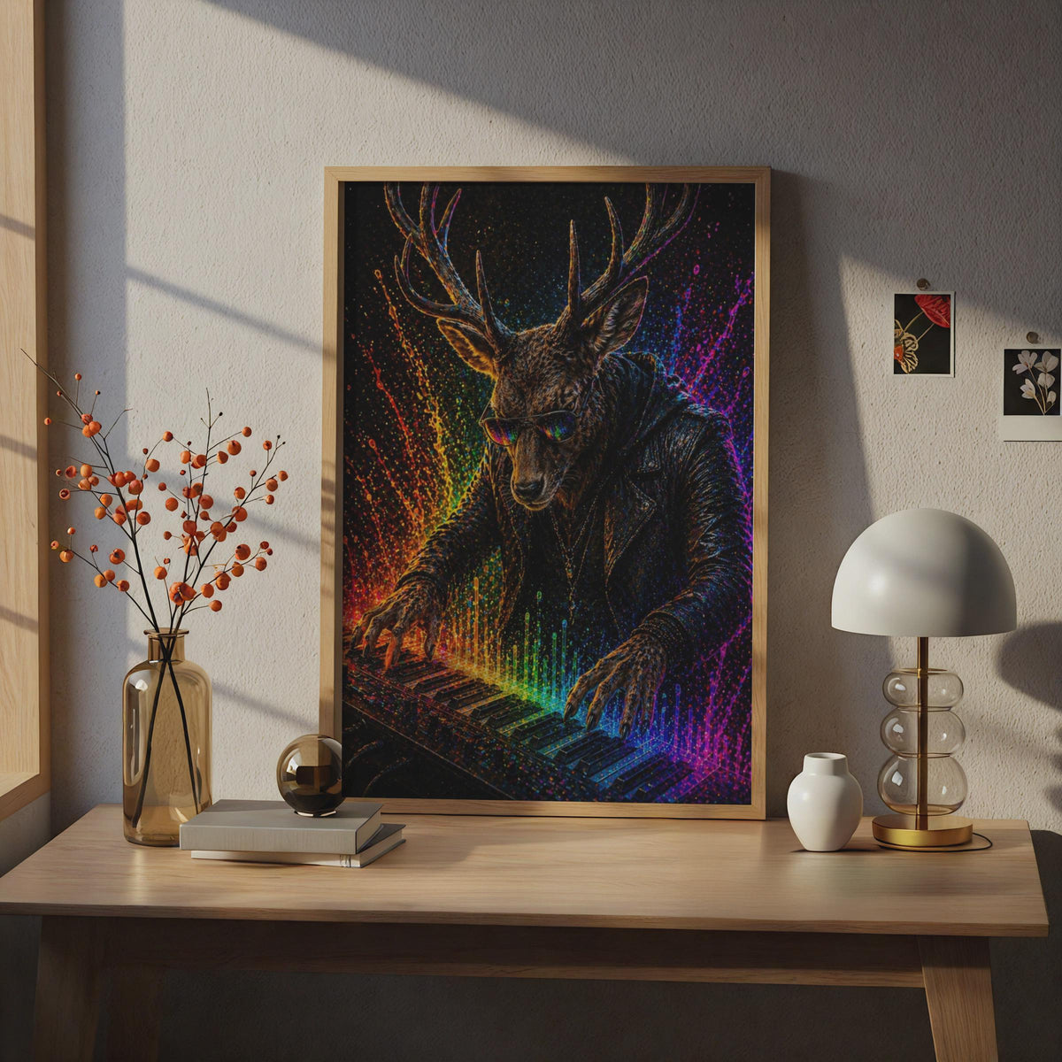 Stag Playing Piano Poster, Neon Animal Keyboard Art Print, Colourful Music Wall Decor