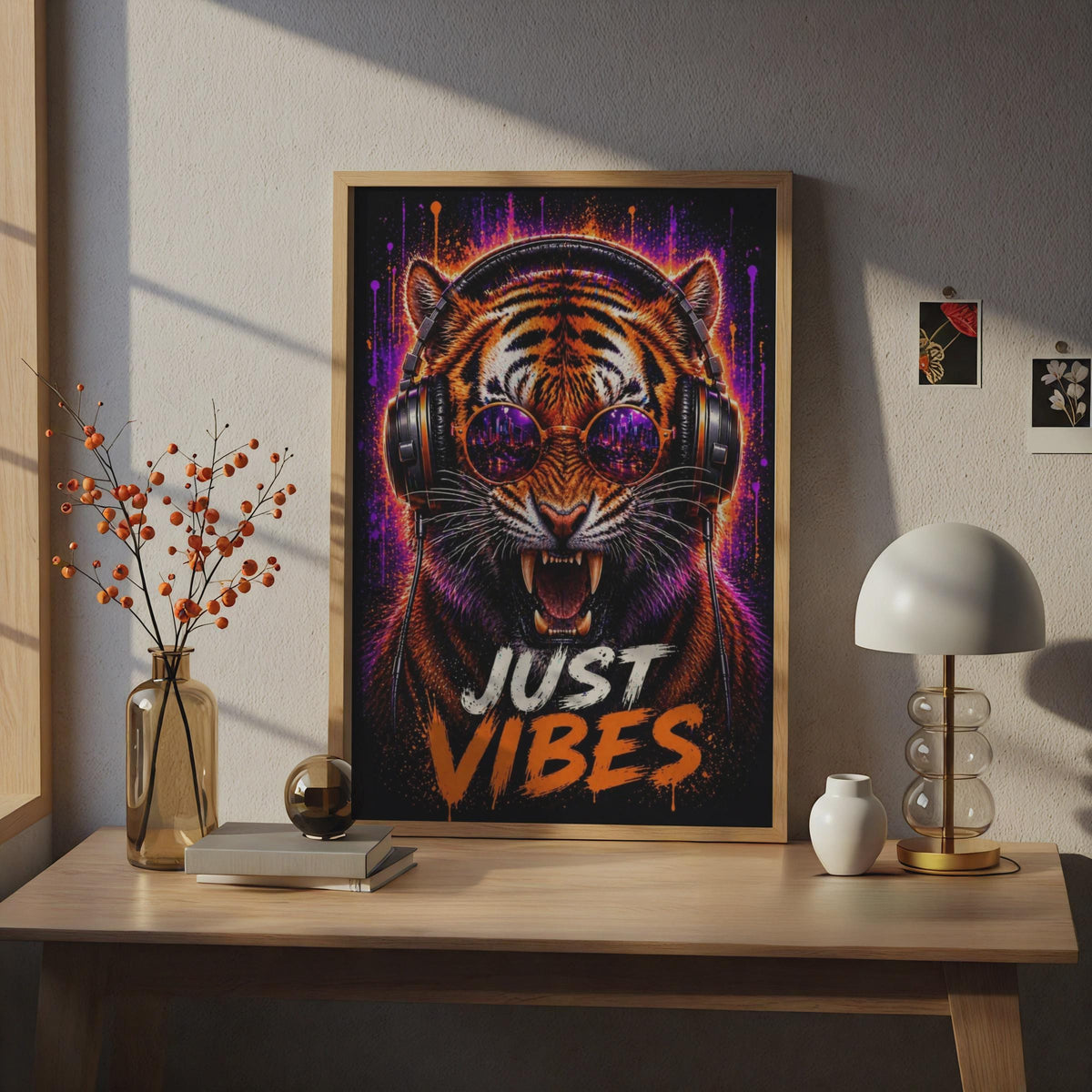Tiger Headphones Neon Music Poster, Urban Animal Wall Art Print